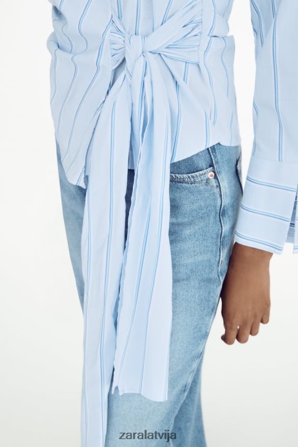svītrains krekls ar kaklasaiti sievietes Zara zils/balts 6ZTV40416 apģērbs