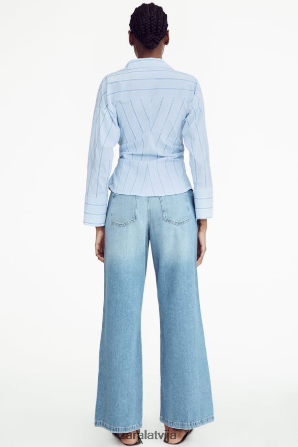 svītrains krekls ar kaklasaiti sievietes Zara zils/balts 6ZTV40416 apģērbs