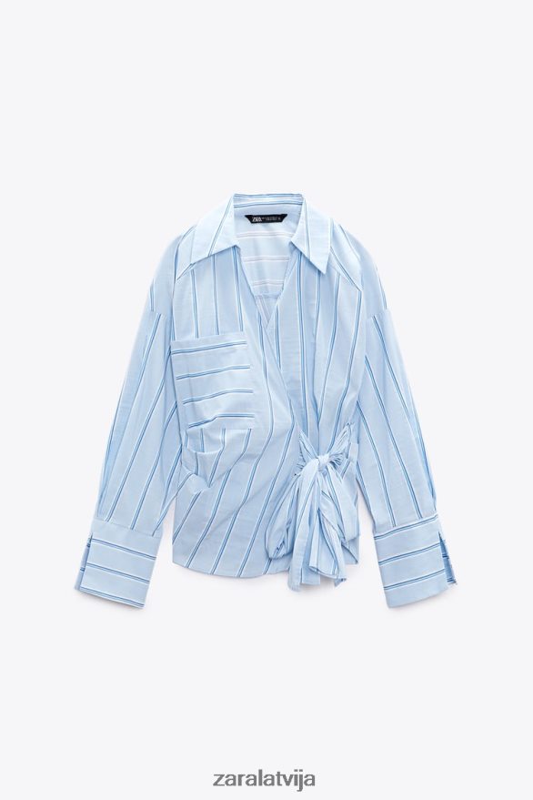svītrains krekls ar kaklasaiti sievietes Zara zils/balts 6ZTV40416 apģērbs