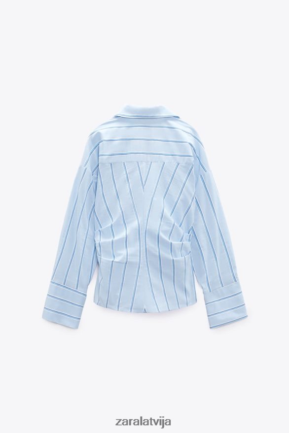 svītrains krekls ar kaklasaiti sievietes Zara zils/balts 6ZTV40416 apģērbs