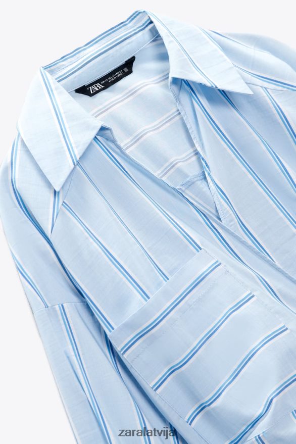 svītrains krekls ar kaklasaiti sievietes Zara zils/balts 6ZTV40416 apģērbs