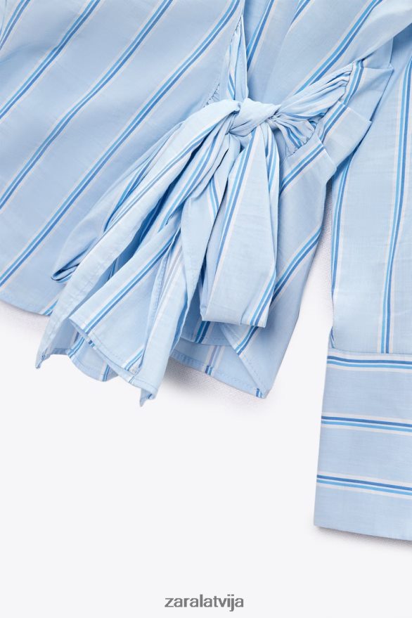 svītrains krekls ar kaklasaiti sievietes Zara zils/balts 6ZTV40416 apģērbs