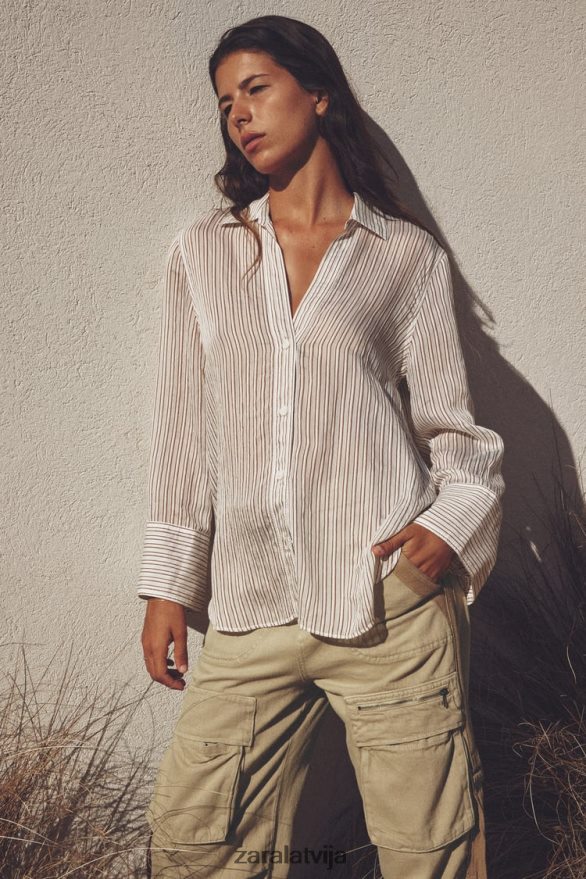 svītrains krekls sievietes Zara ekrū/brūns 6ZTV40423 apģērbs