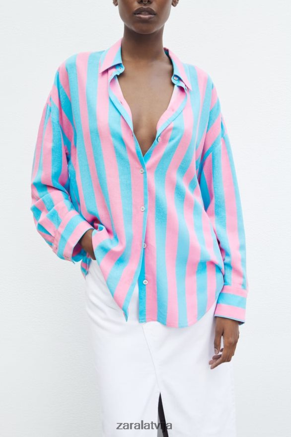 svītrains lina maisījuma lielizmēra krekls sievietes Zara daudzkrāsains 6ZTV40407 apģērbs