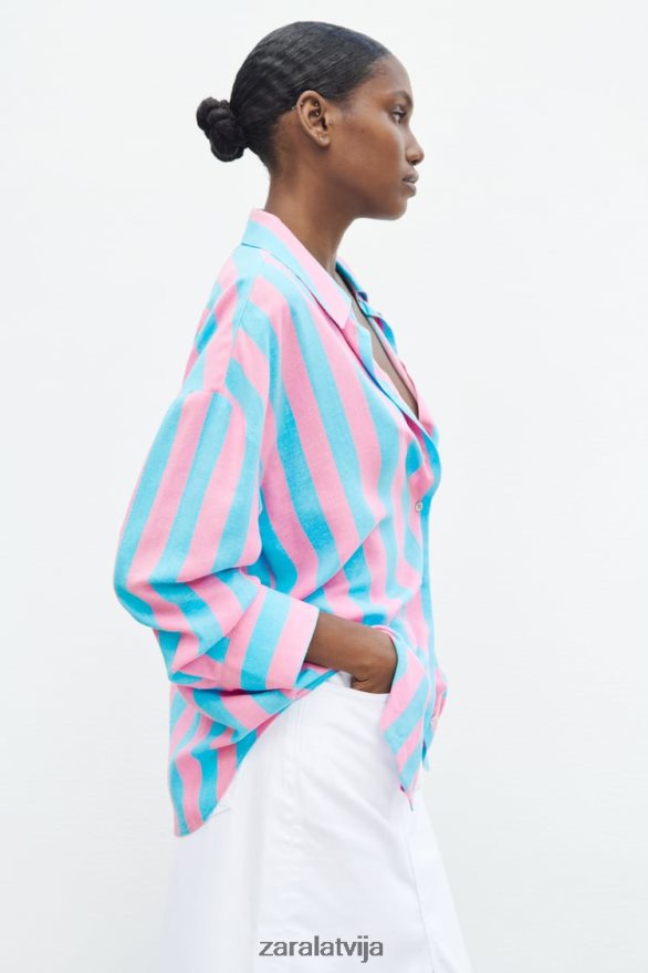 svītrains lina maisījuma lielizmēra krekls sievietes Zara daudzkrāsains 6ZTV40407 apģērbs