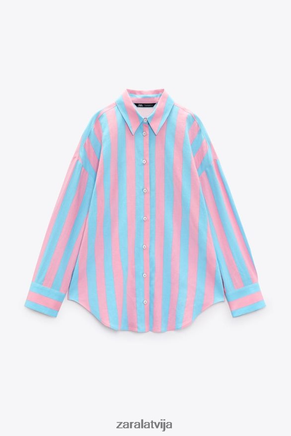 svītrains lina maisījuma lielizmēra krekls sievietes Zara daudzkrāsains 6ZTV40407 apģērbs