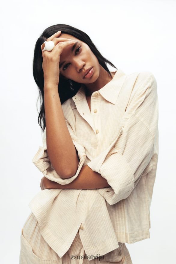 svītrains linu maisījuma krekls sievietes Zara ekrū/bēšs 6ZTV40417 apģērbs