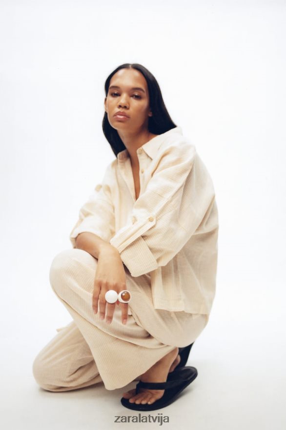 svītrains linu maisījuma krekls sievietes Zara ekrū/bēšs 6ZTV40417 apģērbs