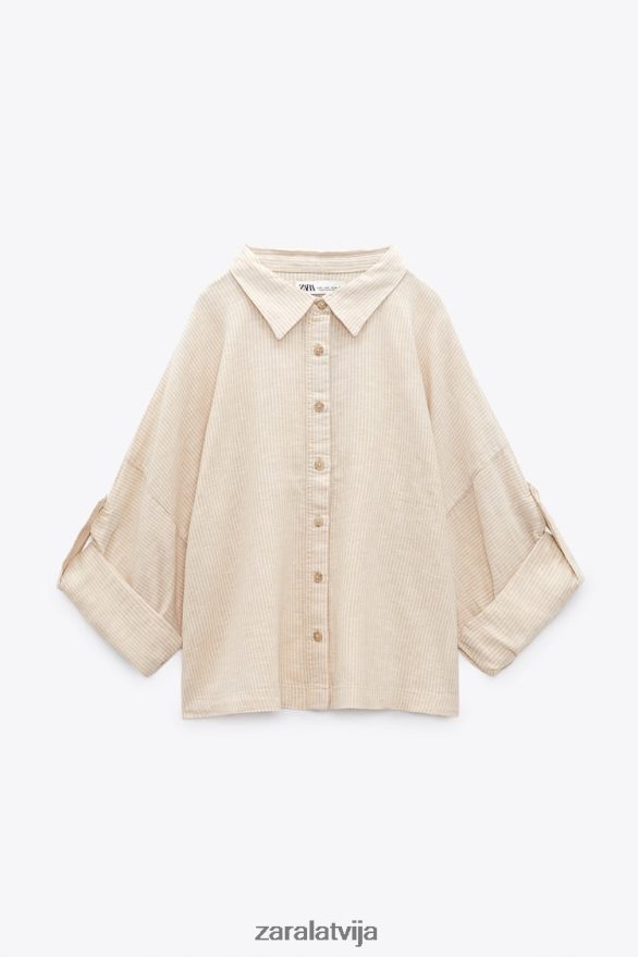 svītrains linu maisījuma krekls sievietes Zara ekrū/bēšs 6ZTV40417 apģērbs