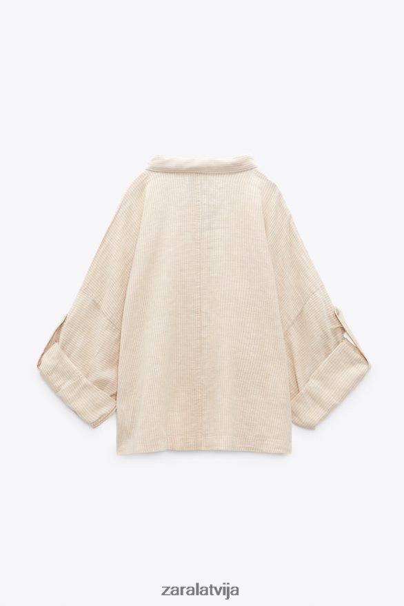 svītrains linu maisījuma krekls sievietes Zara ekrū/bēšs 6ZTV40417 apģērbs