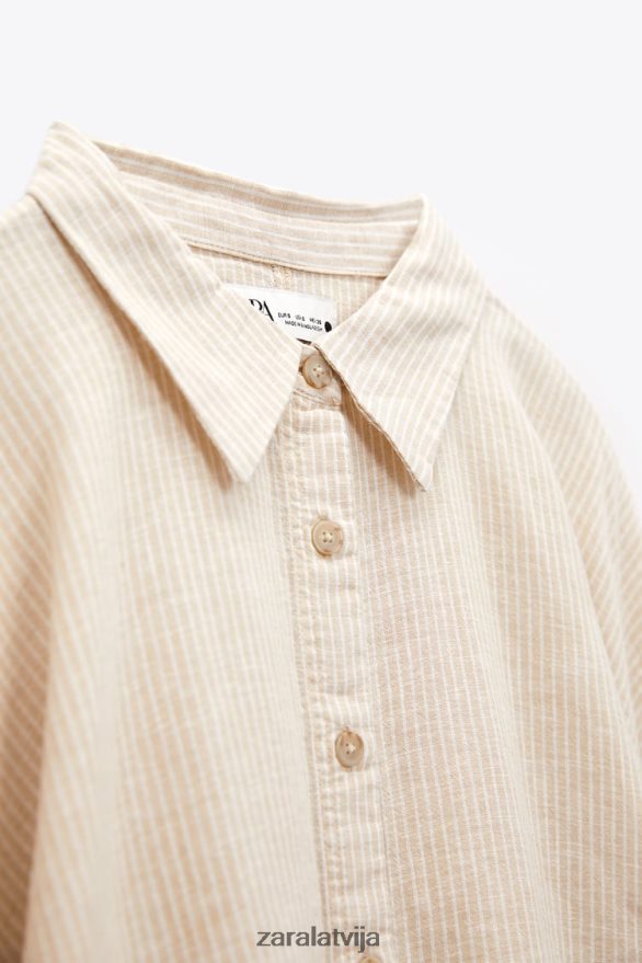 svītrains linu maisījuma krekls sievietes Zara ekrū/bēšs 6ZTV40417 apģērbs