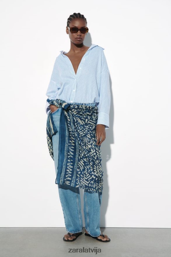 svītrains linu maisījuma krekls sievietes Zara zils/balts 6ZTV40341 apģērbs