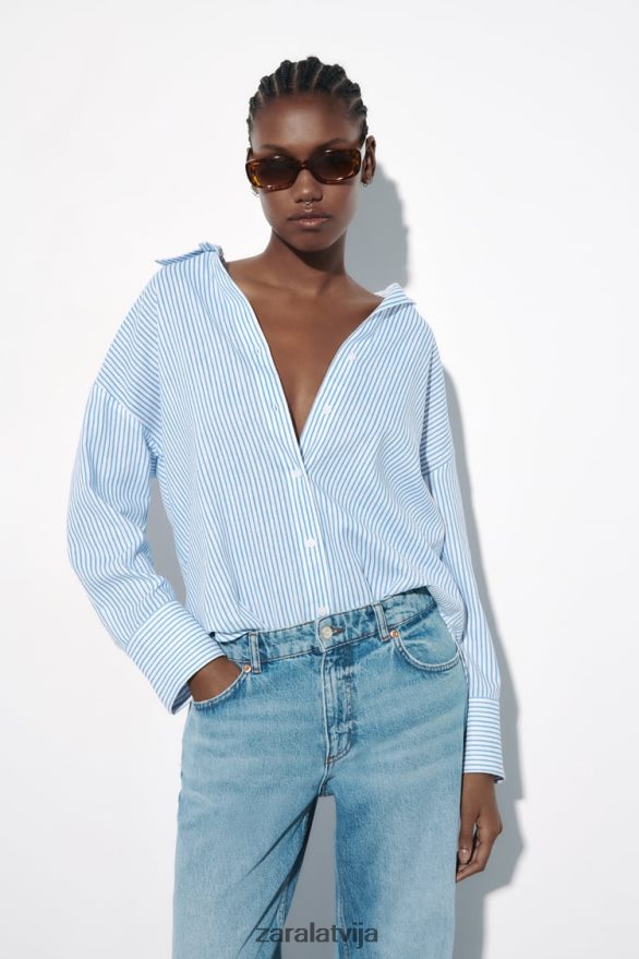 svītrains linu maisījuma krekls sievietes Zara zils/balts 6ZTV40341 apģērbs