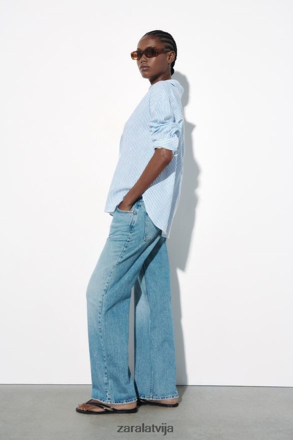 svītrains linu maisījuma krekls sievietes Zara zils/balts 6ZTV40341 apģērbs