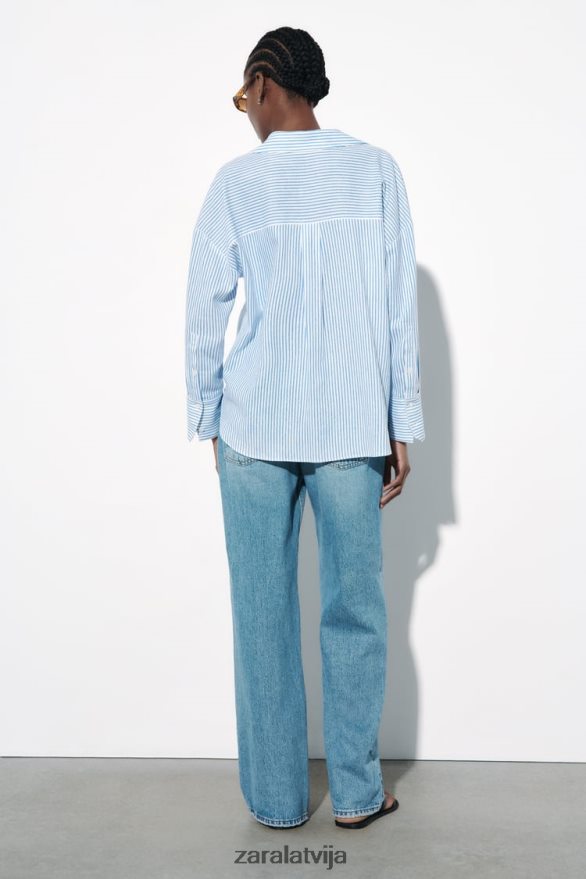 svītrains linu maisījuma krekls sievietes Zara zils/balts 6ZTV40341 apģērbs