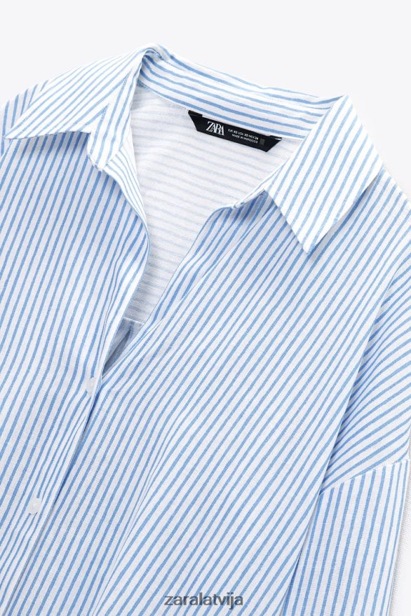 svītrains linu maisījuma krekls sievietes Zara zils/balts 6ZTV40341 apģērbs