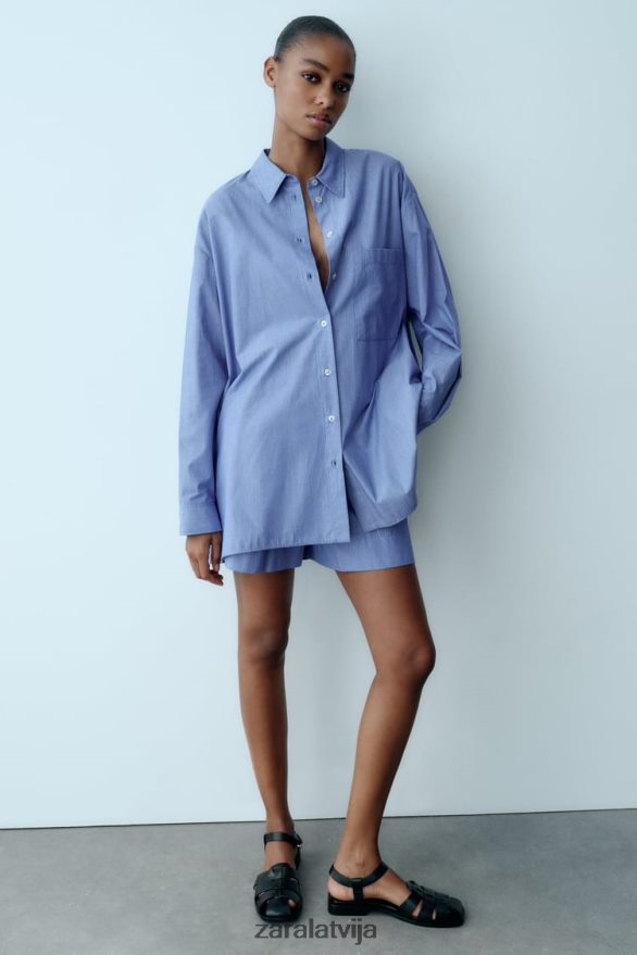 svītrains vīriešu stila poplīna krekls sievietes Zara zils 6ZTV40351 apģērbs