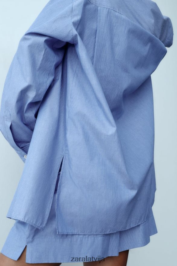 svītrains vīriešu stila poplīna krekls sievietes Zara zils 6ZTV40351 apģērbs