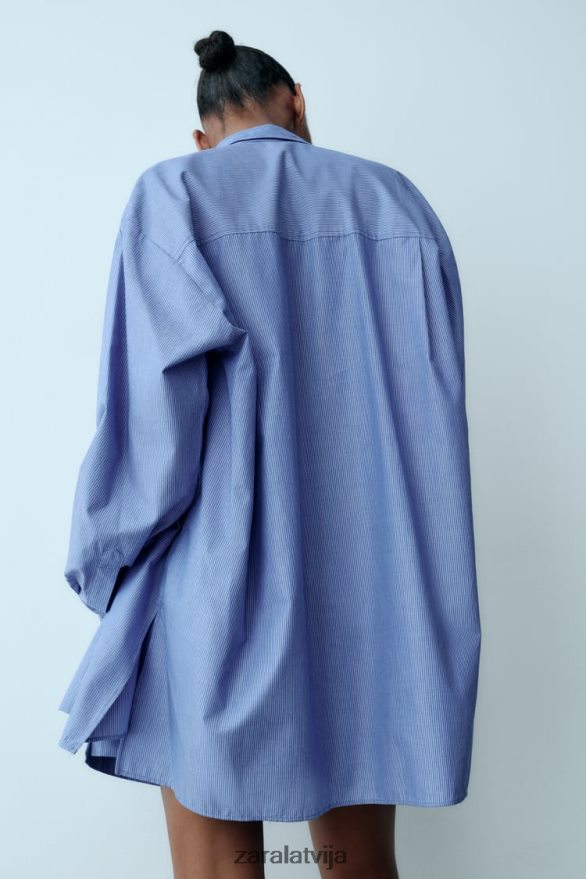 svītrains vīriešu stila poplīna krekls sievietes Zara zils 6ZTV40351 apģērbs