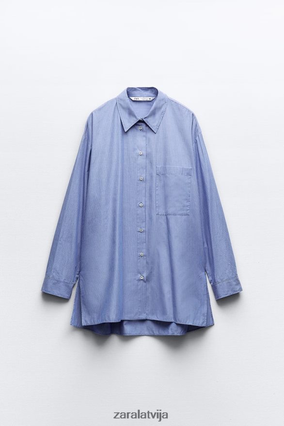 svītrains vīriešu stila poplīna krekls sievietes Zara zils 6ZTV40351 apģērbs