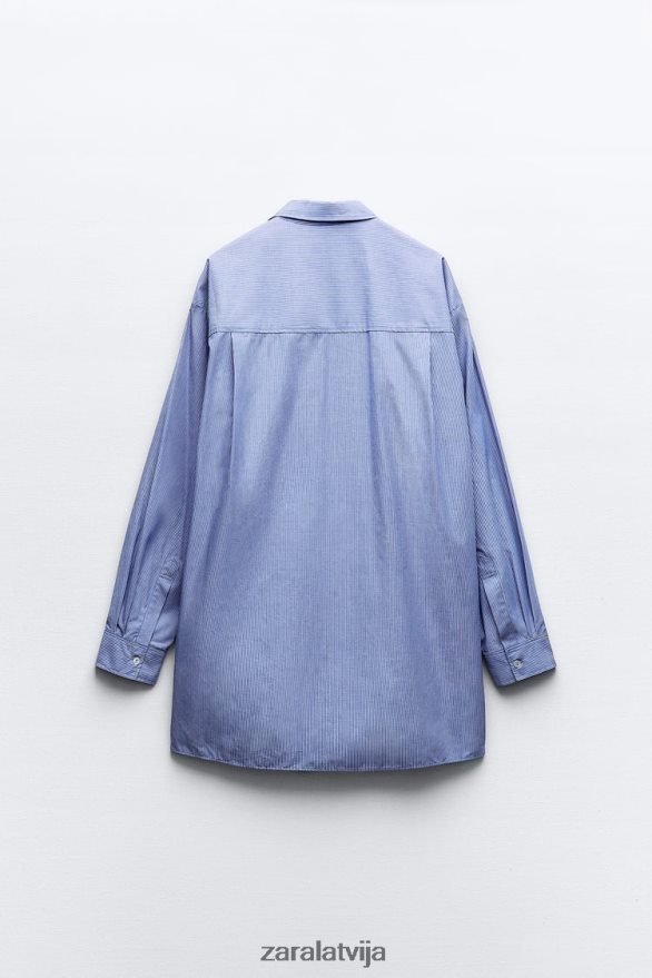 svītrains vīriešu stila poplīna krekls sievietes Zara zils 6ZTV40351 apģērbs