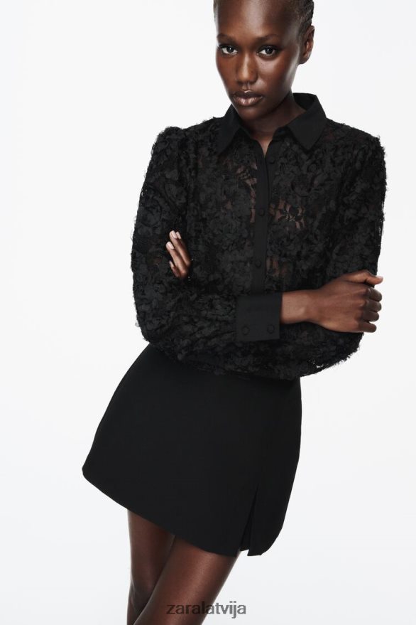 teksturēts ziedu krekls sievietes Zara melns 6ZTV40340 apģērbs