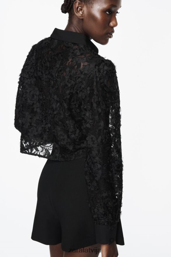 teksturēts ziedu krekls sievietes Zara melns 6ZTV40340 apģērbs