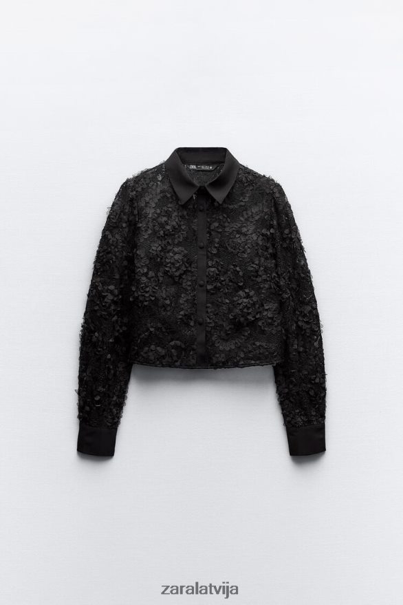 teksturēts ziedu krekls sievietes Zara melns 6ZTV40340 apģērbs
