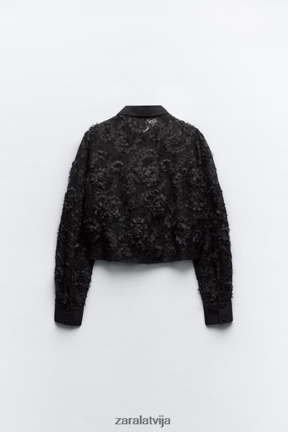 teksturēts ziedu krekls sievietes Zara melns 6ZTV40340 apģērbs