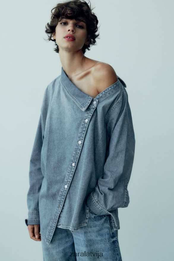 trf asimetrisks džinsa krekls sievietes Zara gaiši zils 6ZTV40287 apģērbs