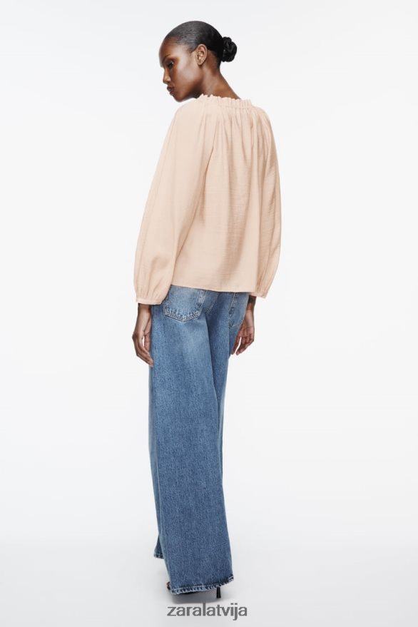 volānveida apkakles blūze sievietes Zara bēšs/rozā 6ZTV40373 apģērbs