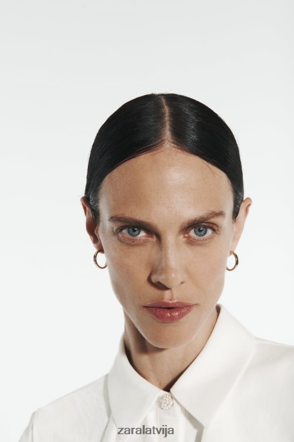 volānveida blūze ar dārgakmeņu pogām sievietes Zara balts 6ZTV40311 apģērbs