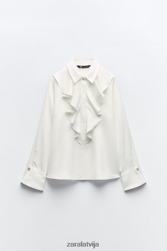 volānveida blūze ar dārgakmeņu pogām sievietes Zara balts 6ZTV40311 apģērbs