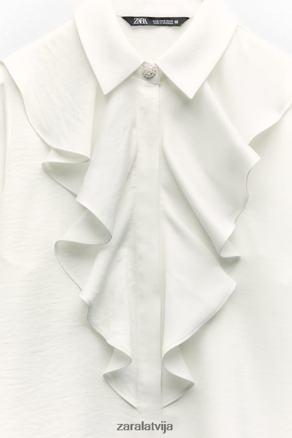 volānveida blūze ar dārgakmeņu pogām sievietes Zara balts 6ZTV40311 apģērbs