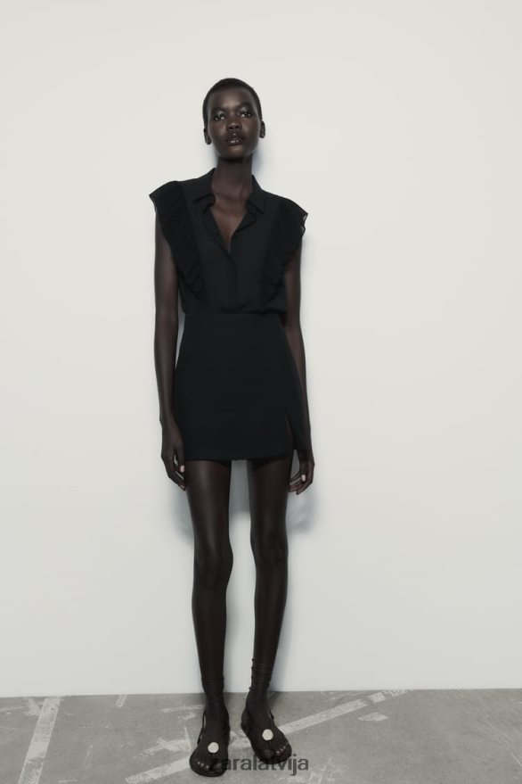 volānveida puscaurspīdīgs tops sievietes Zara melns 6ZTV40413 apģērbs