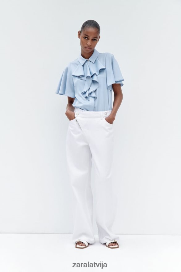 volānveida satīna efekta krekls sievietes Zara gaiši zils 6ZTV40358 apģērbs