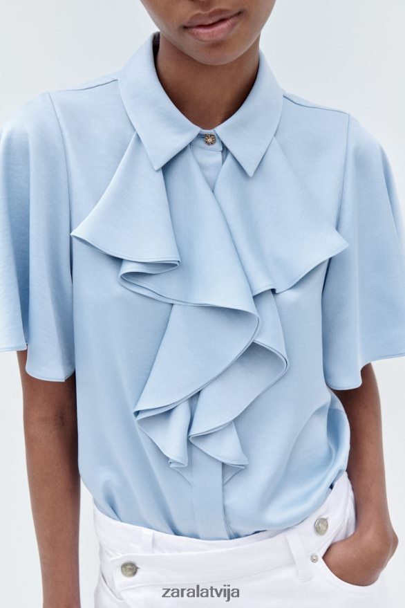 volānveida satīna efekta krekls sievietes Zara gaiši zils 6ZTV40358 apģērbs