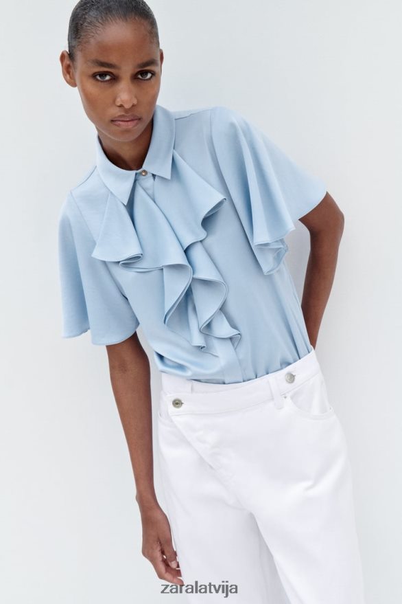 volānveida satīna efekta krekls sievietes Zara gaiši zils 6ZTV40358 apģērbs