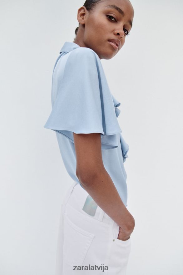 volānveida satīna efekta krekls sievietes Zara gaiši zils 6ZTV40358 apģērbs