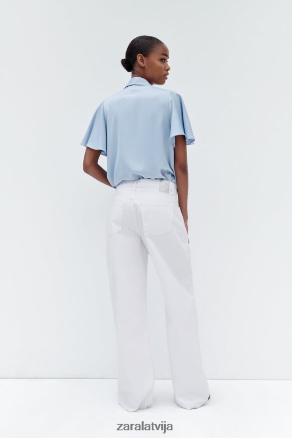 volānveida satīna efekta krekls sievietes Zara gaiši zils 6ZTV40358 apģērbs