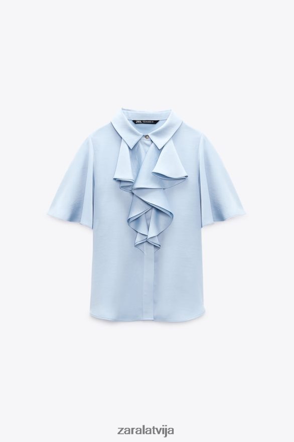 volānveida satīna efekta krekls sievietes Zara gaiši zils 6ZTV40358 apģērbs