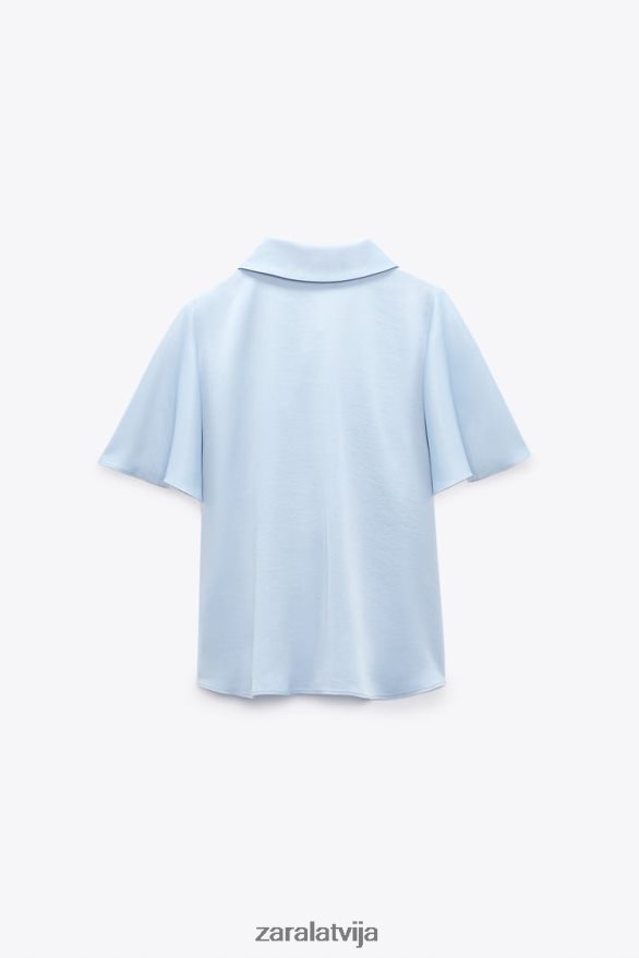 volānveida satīna efekta krekls sievietes Zara gaiši zils 6ZTV40358 apģērbs