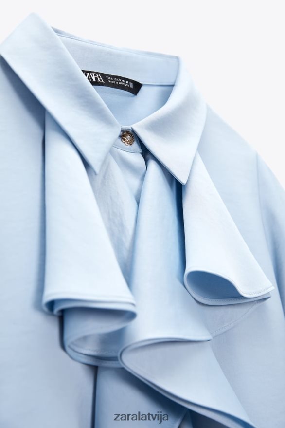 volānveida satīna efekta krekls sievietes Zara gaiši zils 6ZTV40358 apģērbs