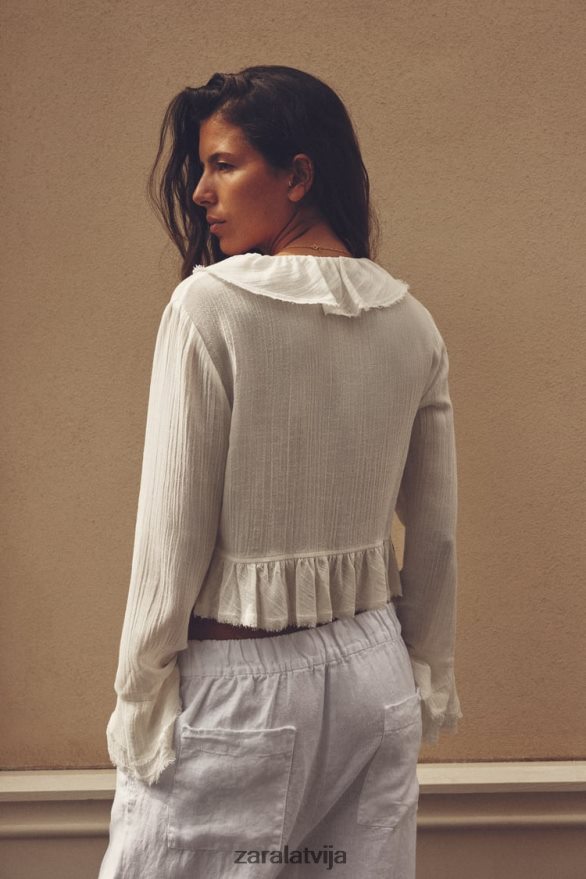 volānveida tekstūras blūze sievietes Zara ekru 6ZTV40364 apģērbs