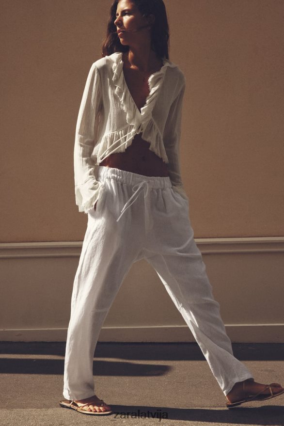 volānveida tekstūras blūze sievietes Zara ekru 6ZTV40364 apģērbs