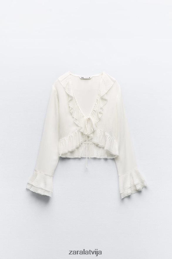 volānveida tekstūras blūze sievietes Zara ekru 6ZTV40364 apģērbs