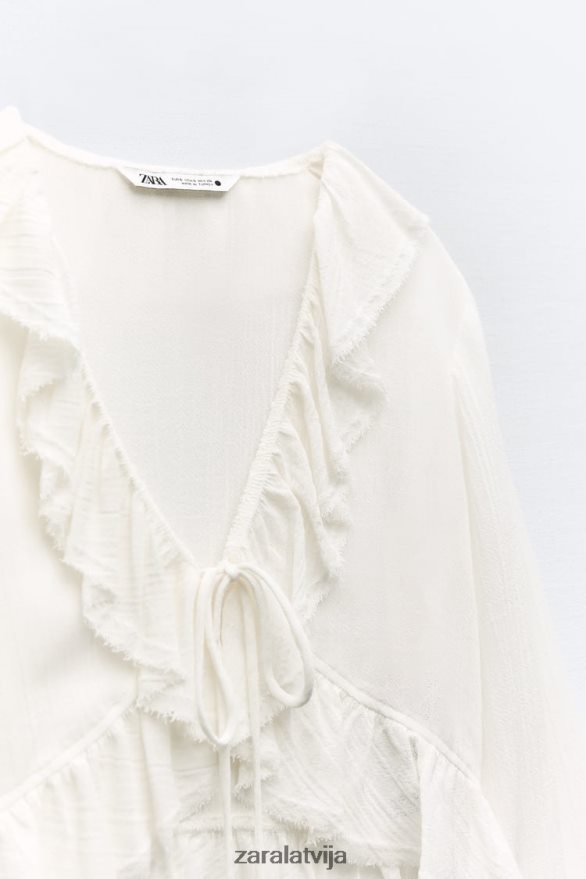 volānveida tekstūras blūze sievietes Zara ekru 6ZTV40364 apģērbs