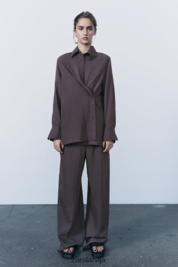 zw kolekcijas multi/pozicionāls minimālisma svītrains krekls sievietes Zara brūns/zils 6ZTV40299 apģērbs