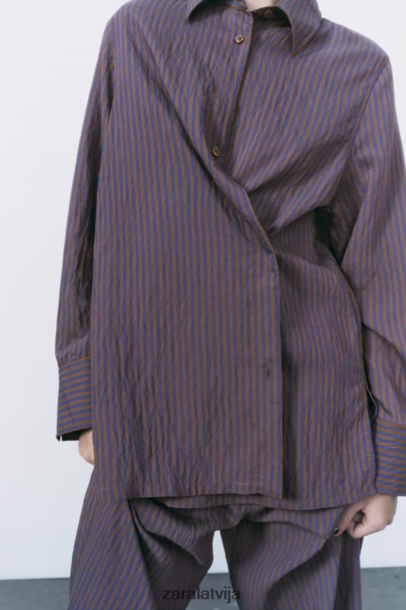 zw kolekcijas multi/pozicionāls minimālisma svītrains krekls sievietes Zara brūns/zils 6ZTV40299 apģērbs