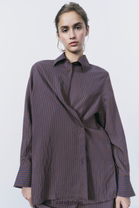 zw kolekcijas multi/pozicionāls minimālisma svītrains krekls sievietes Zara brūns/zils 6ZTV40299 apģērbs